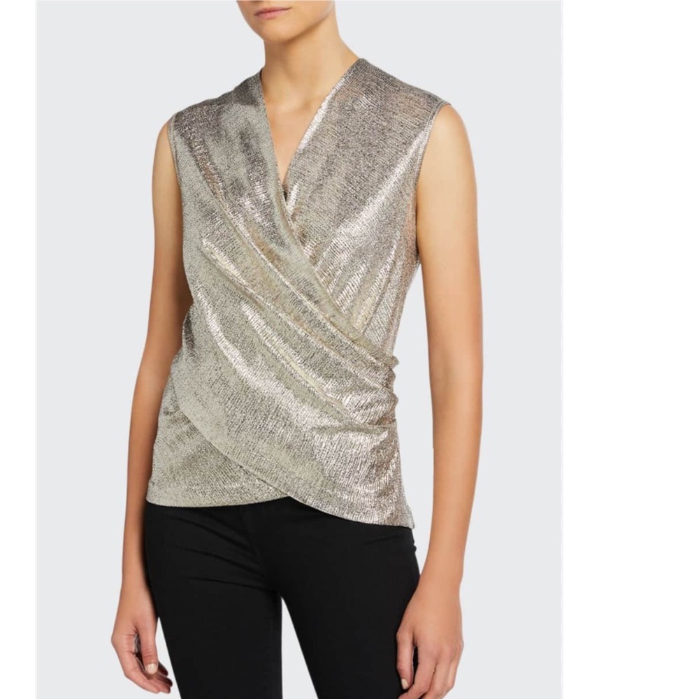 Ramy Brook‎ Rumi Gold Metallic Faux Wrap Front Top Size XS Holiday